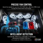 Interior of a pc case with multiple illuminated cooling fans and blue/red tubing, captioned about precise fan control and intelligent detection.