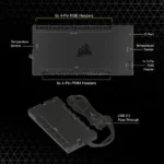 Corsair rgb lighting controller: black box with six 4-pin rgb headers, six 4-pin pwm headers, left and right temperature sensor ports, an id port, and a usb 2. 0 pass-through cable shown separately.