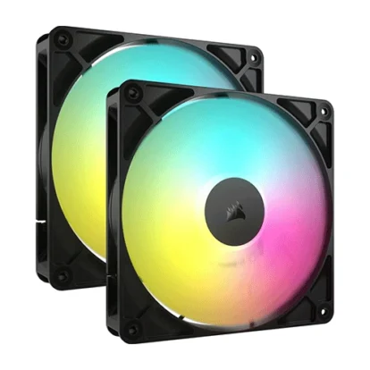 Two black square computer case fans with rainbow rgb lighting, shown layered behind each other