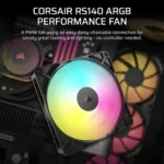 Corsair rs140 argb pwm pc cooling fan with rainbow rgb lighting, shown installed in a computer and showcasing daisy-chain capability.