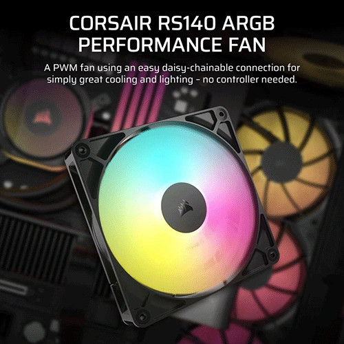 Corsair rs140 argb 140mm pwm cabinet fan, dual pack black (co-9050183-ww) Corsair rs140 argb pwm pc cooling fan with rainbow rgb lighting, shown installed in a computer and showcasing daisy-chain capability.