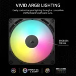 Argb computer cooling fan with a circular rainbow glow in a black square frame; caption notes 8 rgb leds per fan and compatibility with aura sync, mystic light, rgb 2. 0, and polychrome sync.