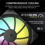 Promotional graphic of a corsair computer cooling fan with rainbow blades, highlighting up to 1,700 rpm pwm control and airguide technology for concentrated cooling.