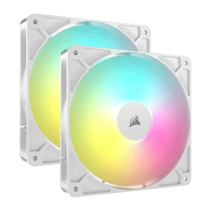 Two white 120mm rgb computer case fans with rainbow lighting and translucent blades.