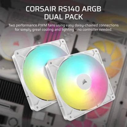 Two Corsair RS140 ARGB dual-pack fans with rainbow RGB lighting, shown in a PC cooling setup. They feature daisy-chained connections for easy lighting, no controller needed.