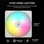 Argb lighting computer fan with rainbow glow and corsair logo at center; eight rgb leds per fan on a black background.