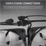 Two computer fans daisy-chained with multiple 4-pin pwm and 5v argb headers connected together.
