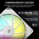 Infographic about corsair cooling: a large rgb computer fan with labels—up to 1,700 rpm with pwm control, airguide technology for concentrated cooling, and zero rpm mode.