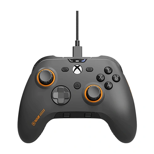 Corsair scuf valor pro preconfigured xbox game controller (505-178-04-001-ap) Wired xbox-style game controller in dark gray with orange-ringed analog sticks, usb cable, and scuf branding.