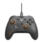Wired xbox game controller with gray body and orange-ringed thumbsticks, usb cable at the top.