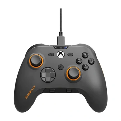 Wired Xbox game controller with gray body and orange-ringed thumbsticks, USB cable at the top.