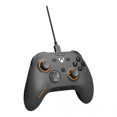 Corsair scuf valor pro preconfigured steel gray xbox game controller (505-178-04-102-ap) Wired xbox-style game controller in dark gray with orange accents and a braided usb cable coming from the top center