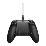 Back view of a black game controller with textured grips and a wired usb-c cable plugged into the top center.