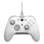 White xbox-style game controller with a wired cable on top, featuring two analog sticks, a d‑pad, and abxy buttons centered around the xbox button.