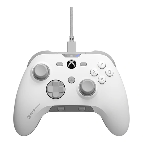Corsair scuf valor pro preconfigured white xbox game controller (505-178-04-010-ap) White xbox-style game controller with a wired cable on top, featuring two analog sticks, a d‑pad, and abxy buttons centered around the xbox button.