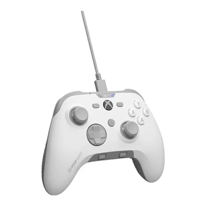 White Xbox game controller facing forward with a braided cable connected to the top