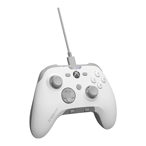Corsair scuf valor pro preconfigured white xbox game controller (505-178-04-010-ap) White xbox game controller facing forward with a braided cable connected to the top