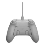 Back view of a wired game controller with textured gray grips and a braided cable.