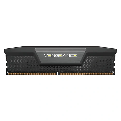 Corsair vengeance 32gb 6000mhz cl40 ddr5 ram (cmk32gx5m1d6000z40) Ddr4 memory module with a black angular heat spreader labeled vengeance on the front.