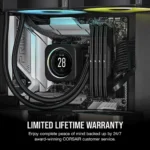 Inside a desktop pc case featuring a corsair liquid cooler with a round display showing '28', surrounded by ram sticks and motherboard components; a white banner at the bottom reads 'limited lifetime warranty' with smaller text about corsair customer service.