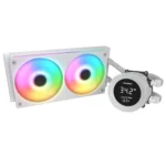 White dual‑fan rgb liquid cpu cooler with a round lcd pump/display unit showing temperature/metrics (white housing)