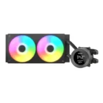 Aio liquid cpu cooler with two illuminated rgb fans and a round digital pump/display on the right side.