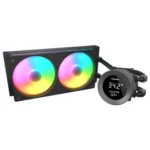 Rgb liquid cpu cooling kit with dual 120mm fans and a round display showing 34. 2°c, used to monitor temperature while cooling a processor