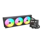 Rgb-lit 360mm liquid cpu cooler with three fans and a mounted lcd display showing 34. 2°c cpu temperature