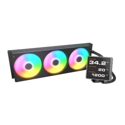 RGB-lit 360mm liquid CPU cooler with three fans and a mounted LCD display showing 34.2°C CPU temperature