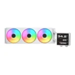 Triple rgb pc liquid cooling radiator with three illuminated fans and a connected digital control/display panel.