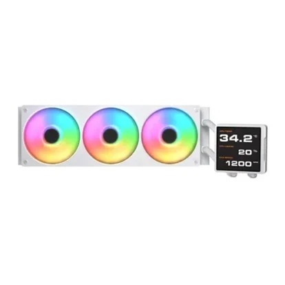 Triple rgb pc liquid cooling radiator with three illuminated fans and a connected digital control/display panel.