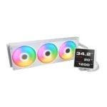 White 360mm cpu liquid cooler with three rgb-lit fans and a small display showing temperature and fan speed.