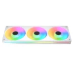 Triple rgb pc radiator fans in a white frame with rainbow illumination along the edge, used for cooling a computer.
