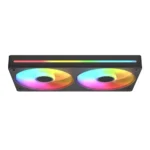 Dual 120mm rgb pc case fans with rainbow leds in a black housing.