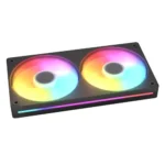 Dual 120mm rgb case fans with colorful lighting on a black radiator panel viewed at an angle.