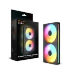 Two 120mm argb case fans with rainbow lighting shown beside their black cougar unity 240 argb packaging.