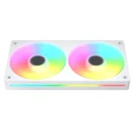 White dual‑fan rgb computer cooling unit with rainbow led lighting on each fan and a color strip along the side cap.