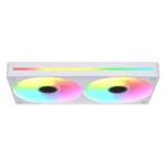 White pc case front panel featuring two illuminated rgb fans and a rainbow rgb light bar along the top.