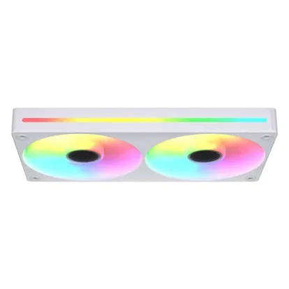White PC case front panel featuring two illuminated RGB fans and a rainbow RGB light bar along the top.