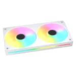 White pc component with two illuminated rgb fans and a multicolor rgb strip along the front edge (aesthetic cooling hardware).