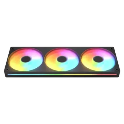 Triple 120mm rgb computer case fans in a rectangular frame with rgb lighting along the bottom edge.