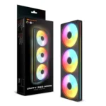 Unity 360 argb 3-pack pc case fans in a black box with rainbow rgb lighting on the fans.