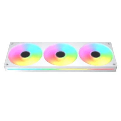 White rectangular pc cooling bar with three rgb-lit fans and colorful led accents under a clear panel.