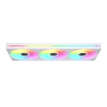 Triple 120mm rgb case fans mounted in a white bracket, showing colorful rainbow lighting across the blades and a continuous rgb bar on top