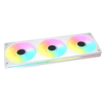 White pc cooling bar with three rgb-lit fans displaying rainbow colors.