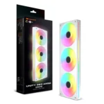 White three‑fan argb cooling kit with rainbow lighting, shown next to its black retail box.