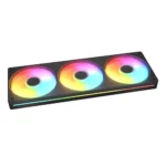 Triple 120mm rgb pc case fans mounted on a slim rectangular cooling bar, each with multicolor light rings visible.