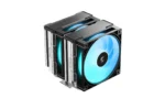Dual-tower cpu air cooler with two blue-lit fans and dense aluminum fins