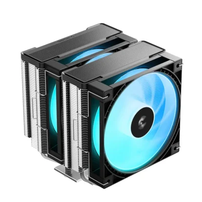 Dual-tower cpu air cooler with two blue-lit fans and dense aluminum fins