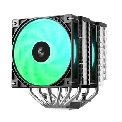 High-performance CPU air cooler with a large green-lit fan and multiple heat sinks/heat pipes.
